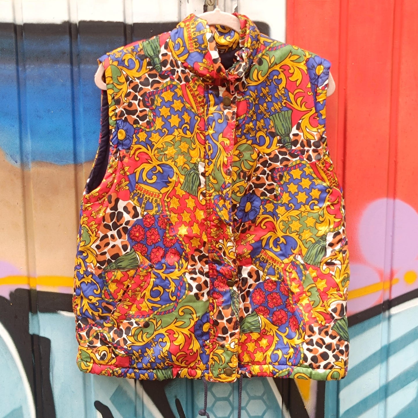 Vintage 80er Puffer Weste Bunt Abstract Print Ärmellose Steppjacke Gilet M