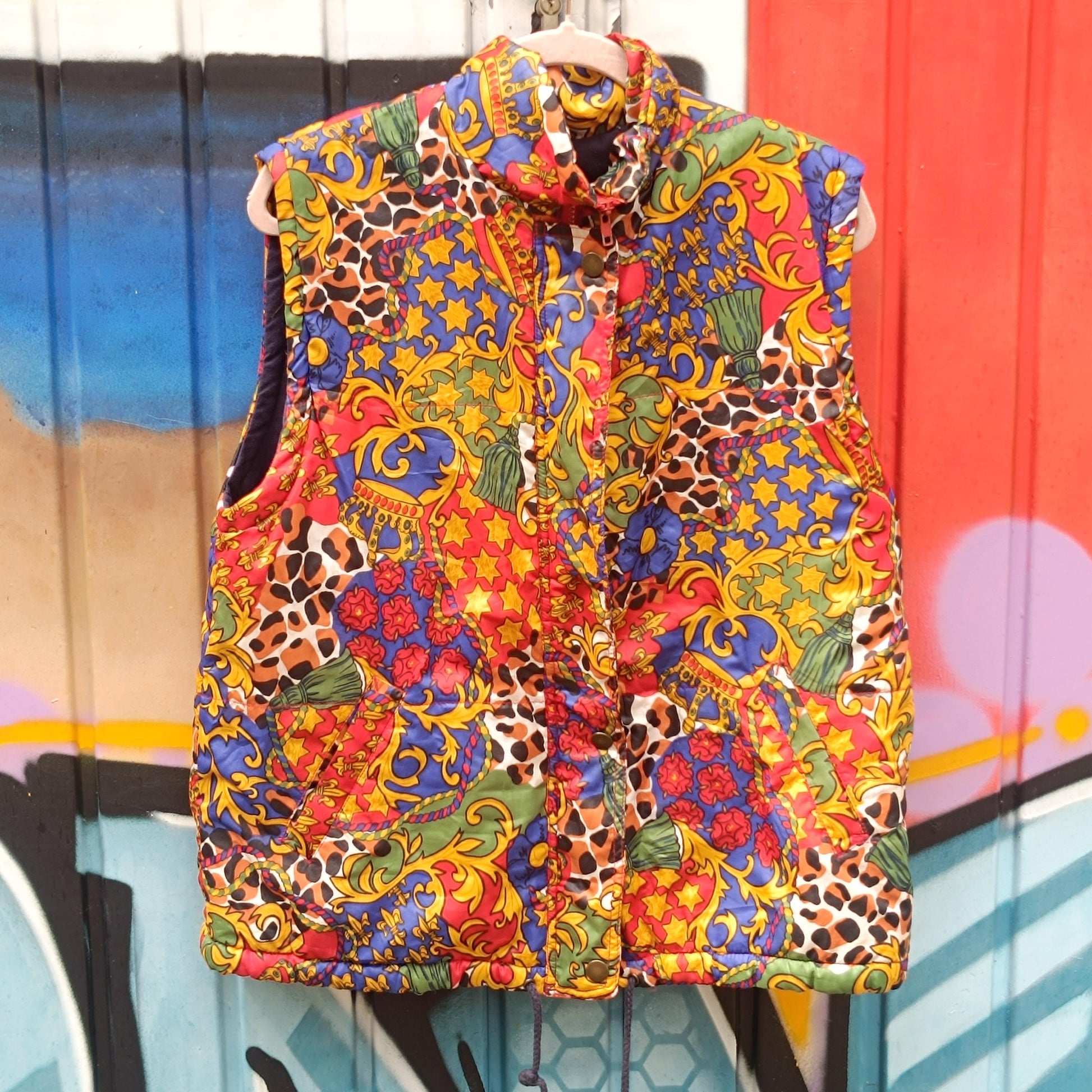 Vintage 80er Puffer Weste Bunt Abstract Print Ärmellose Steppjacke Gilet M