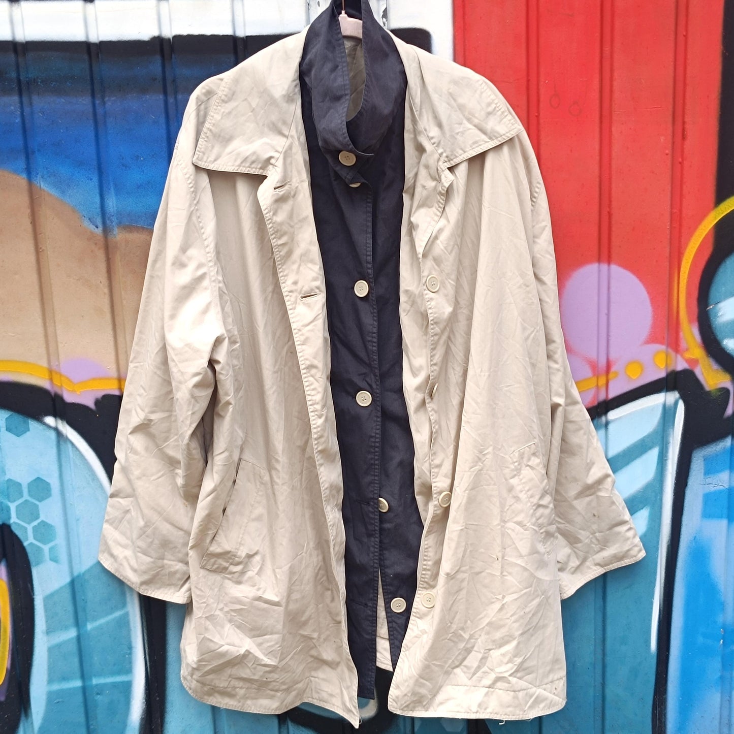 Vintage 1980s Trench Coat Oversized Cream Long Raincoat Light Utility Jacket M L