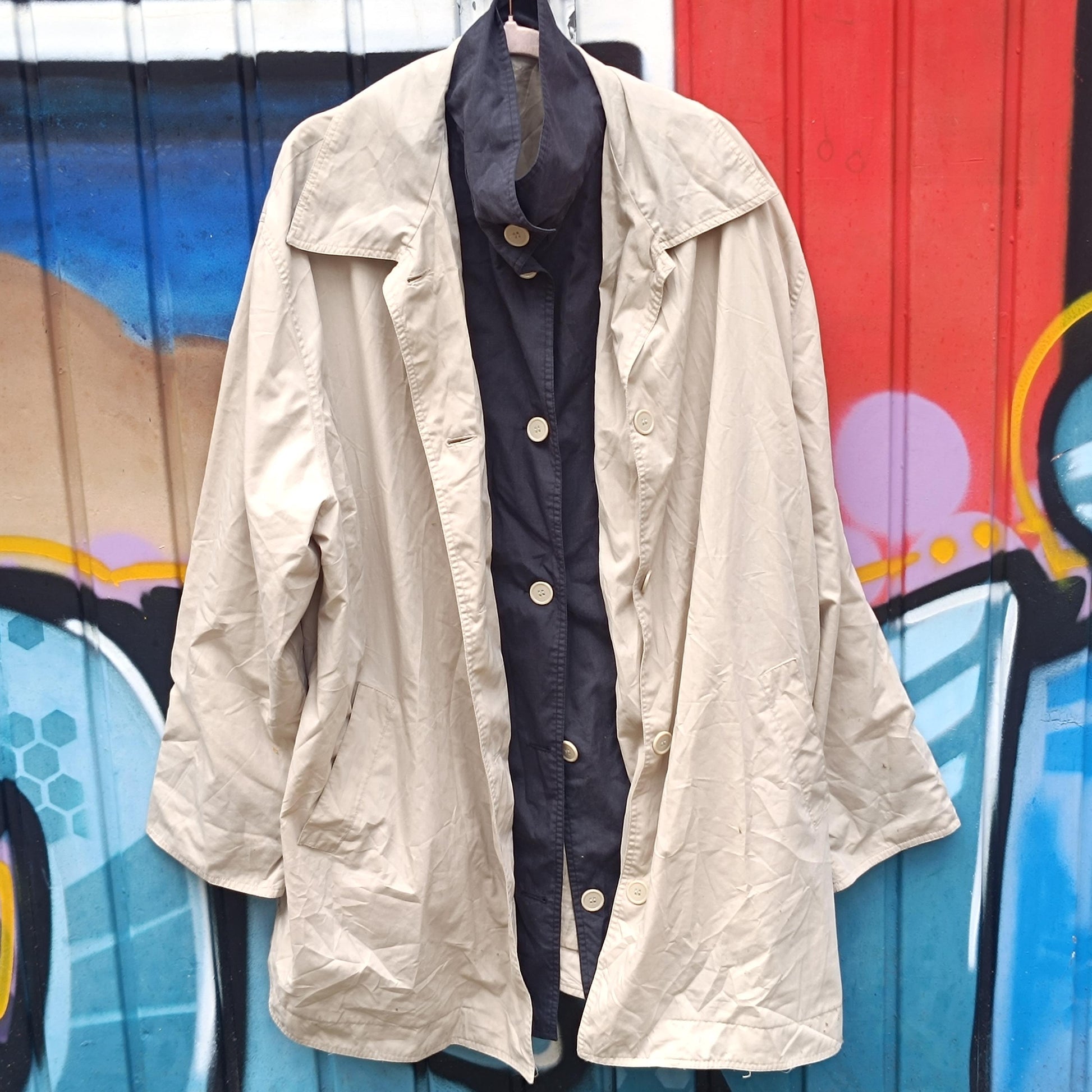 Vintage 1980s Trench Coat Oversized Cream Long Raincoat Light Utility Jacket M L