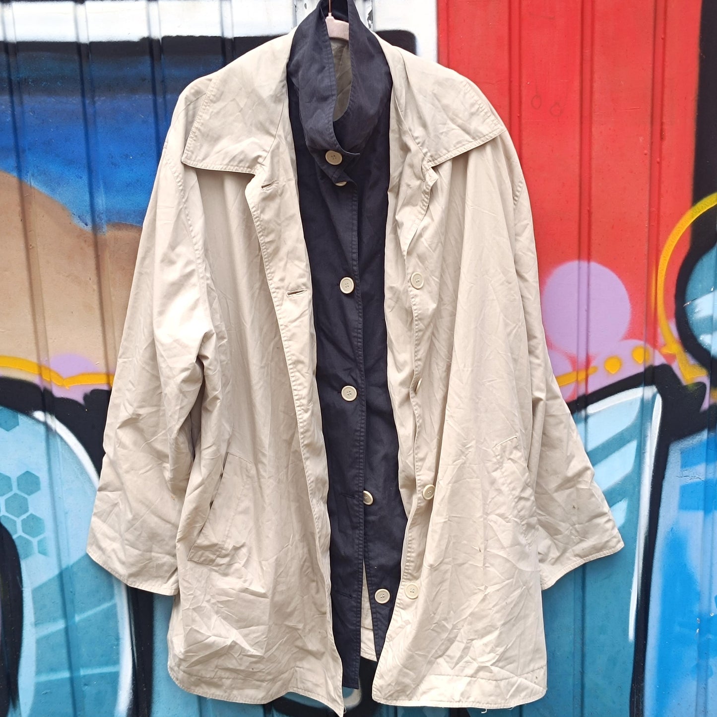 Vintage 1980s Trench Coat Oversized Cream Long Raincoat Light Utility Jacket M L