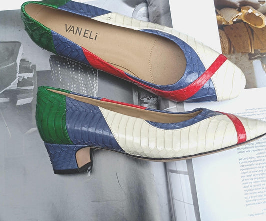 Vintage Vaneli Colorblock Textured Pumps Blue Red Cream Green 80s US Size 6M EU36-37