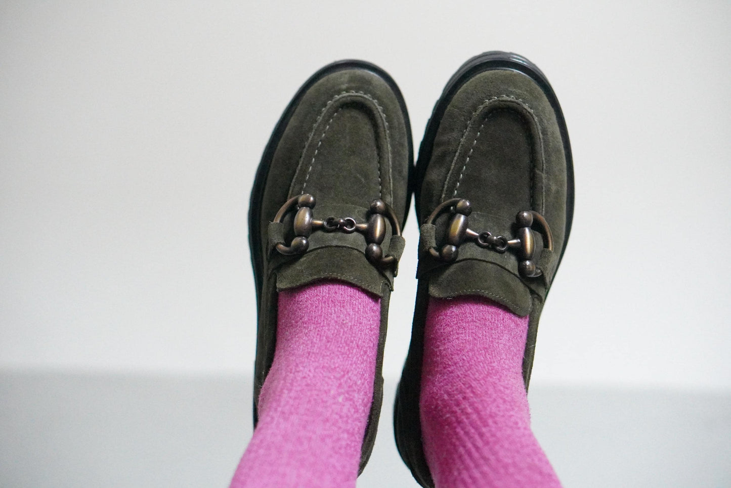 Vintage Suede Loafers | 90s Olive Green Andrea Puccini Horsebit Lug Sole Shoes EU 37