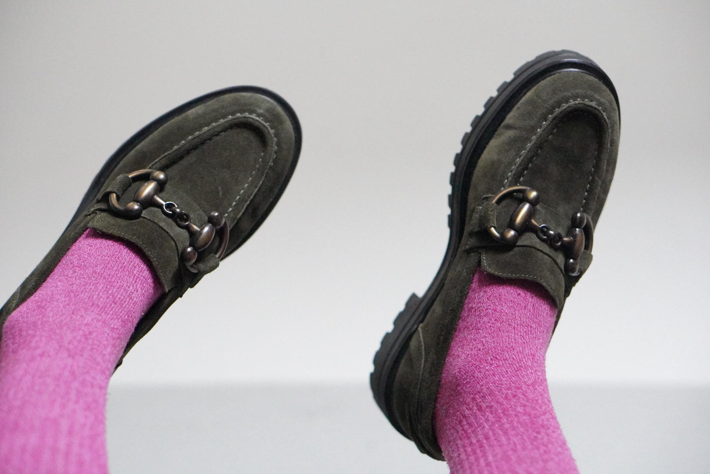 Vintage Suede Loafers | 90s Olive Green Andrea Puccini Horsebit Lug Sole Shoes EU 37