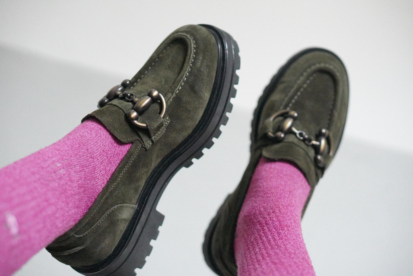 Vintage Suede Loafers | 90s Olive Green Andrea Puccini Horsebit Lug Sole Shoes EU 37