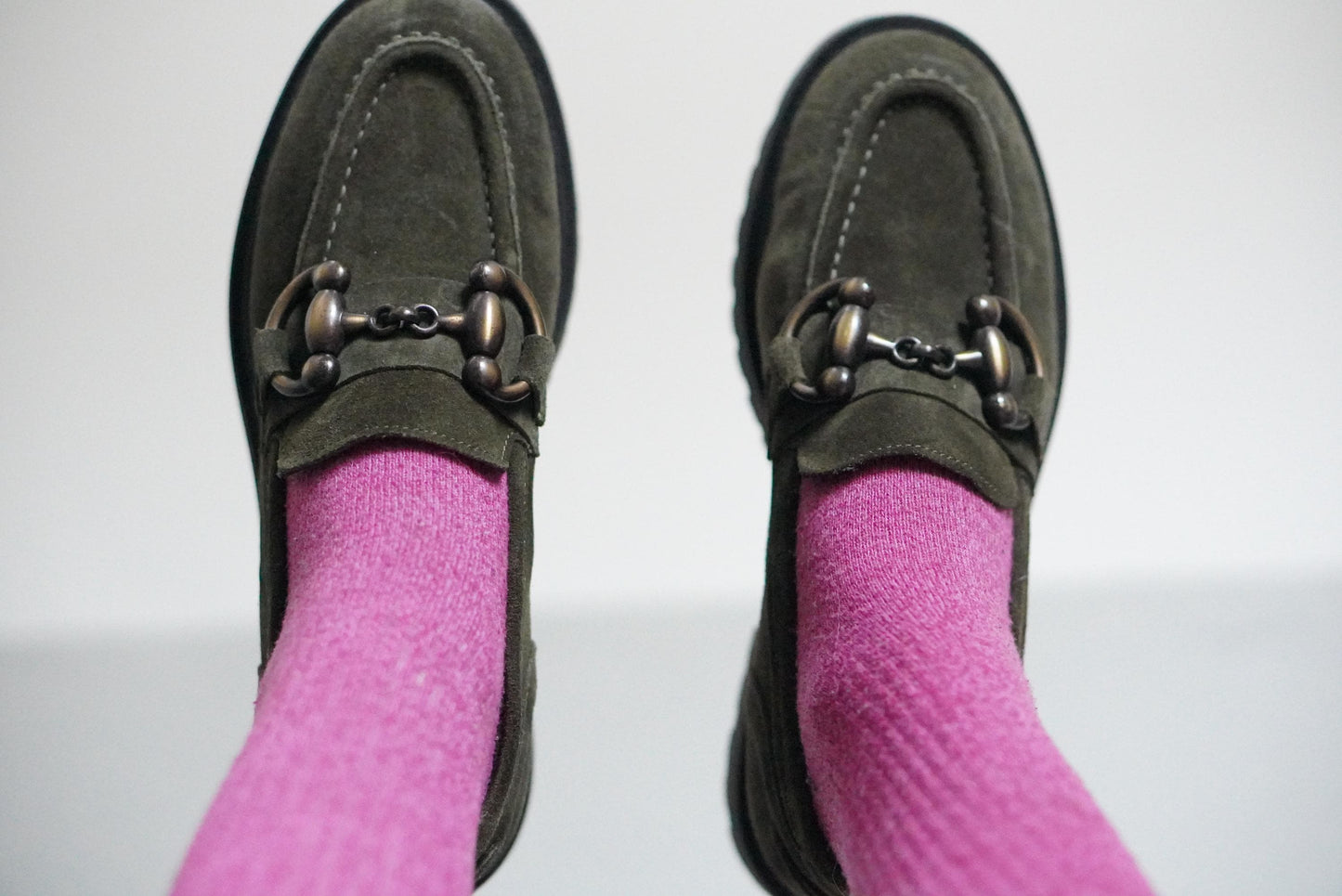 Vintage Suede Loafers | 90s Olive Green Andrea Puccini Horsebit Lug Sole Shoes EU 37