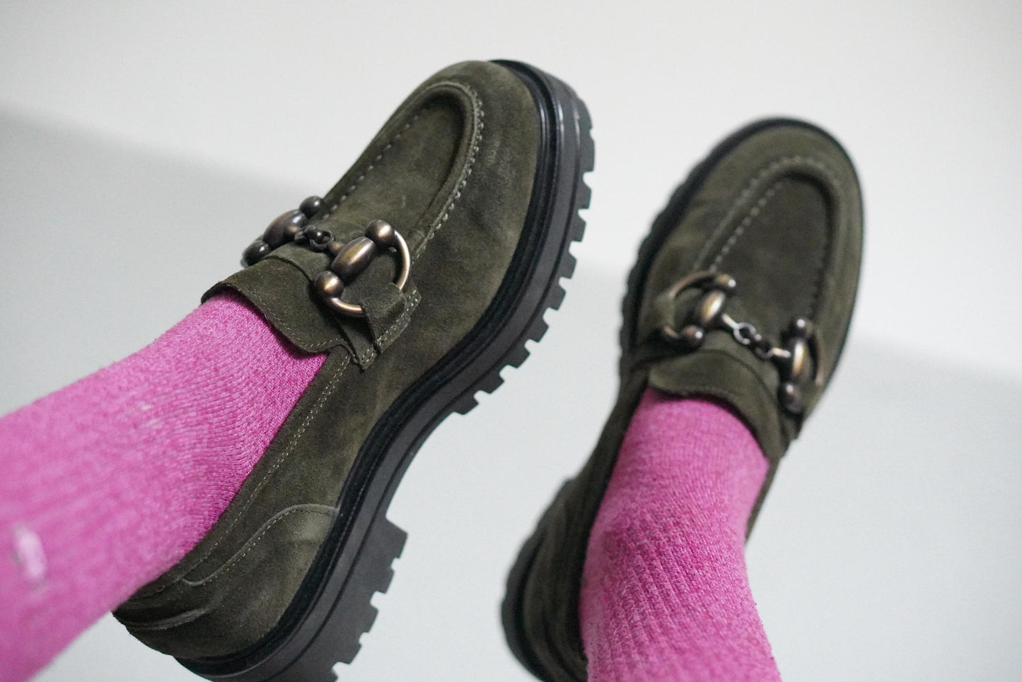Vintage Suede Loafers | 90s Olive Green Andrea Puccini Horsebit Lug Sole Shoes EU 37