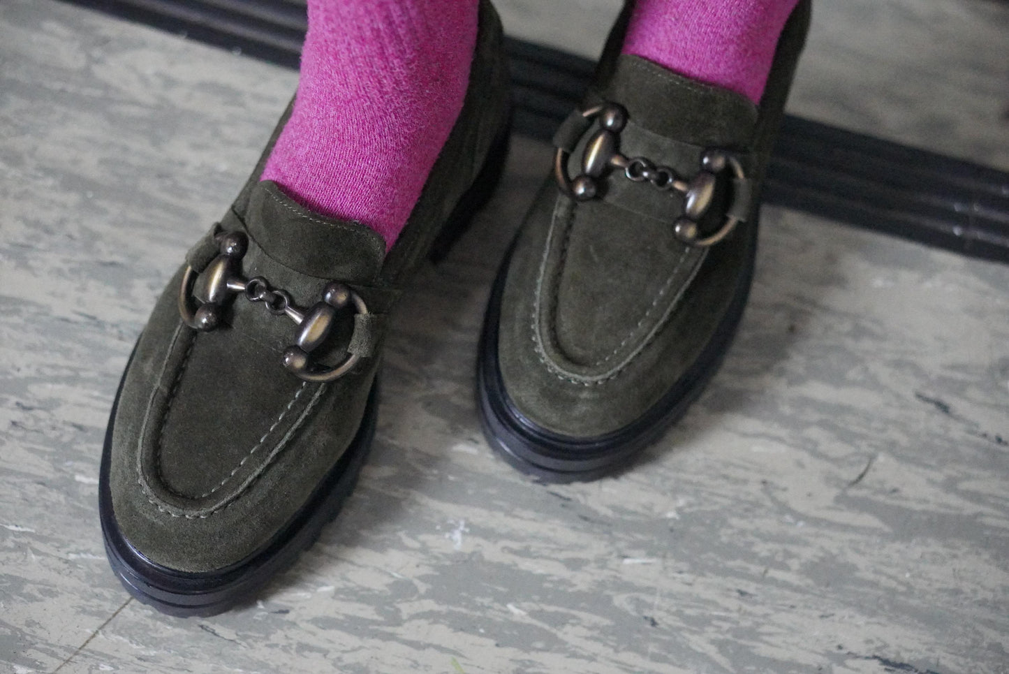 Vintage Suede Loafers | 90s Olive Green Andrea Puccini Horsebit Lug Sole Shoes EU 37