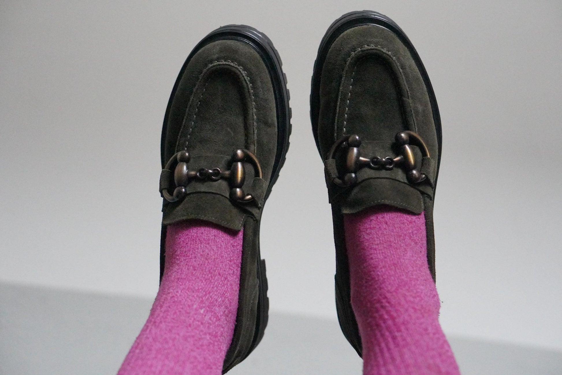 Vintage Suede Loafers | 90s Olive Green Andrea Puccini Horsebit Lug Sole Shoes EU 37
