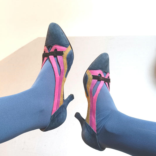 Vintage 80s Suede Pumps|  Colorblock Chris Moda Patchwork Heels