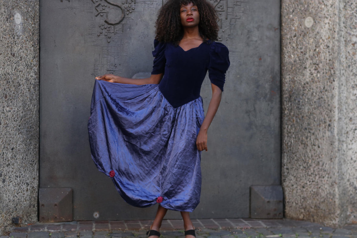Velvet Maxi Dress 80s Vintage Blue - Puff Sleeve Prom Evening Gown XS