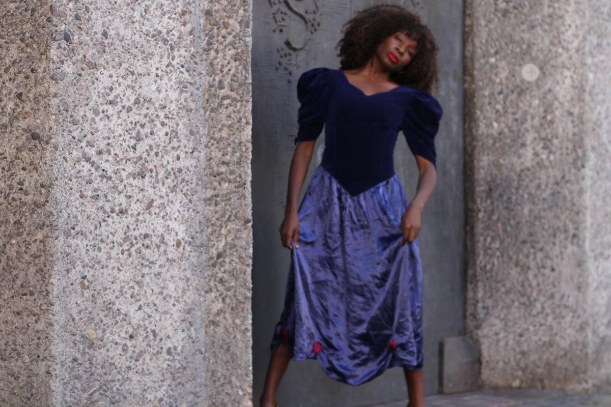 Velvet Maxi Dress 80s Vintage Blue - Puff Sleeve Prom Evening Gown XS
