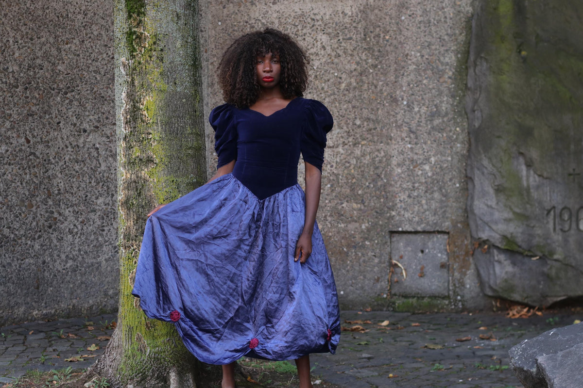 Velvet Maxi Dress 80s Vintage Blue - Puff Sleeve Prom Evening Gown XS