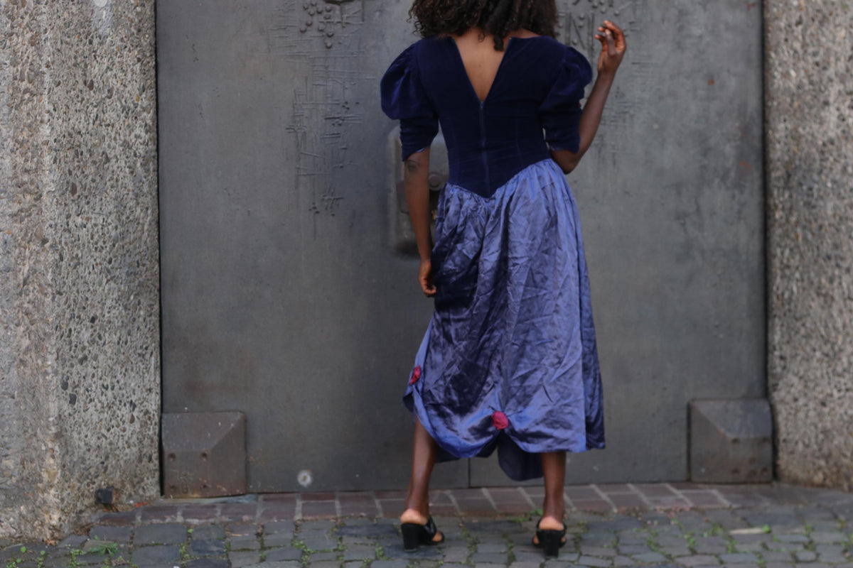 Velvet Maxi Dress 80s Vintage Blue - Puff Sleeve Prom Evening Gown XS