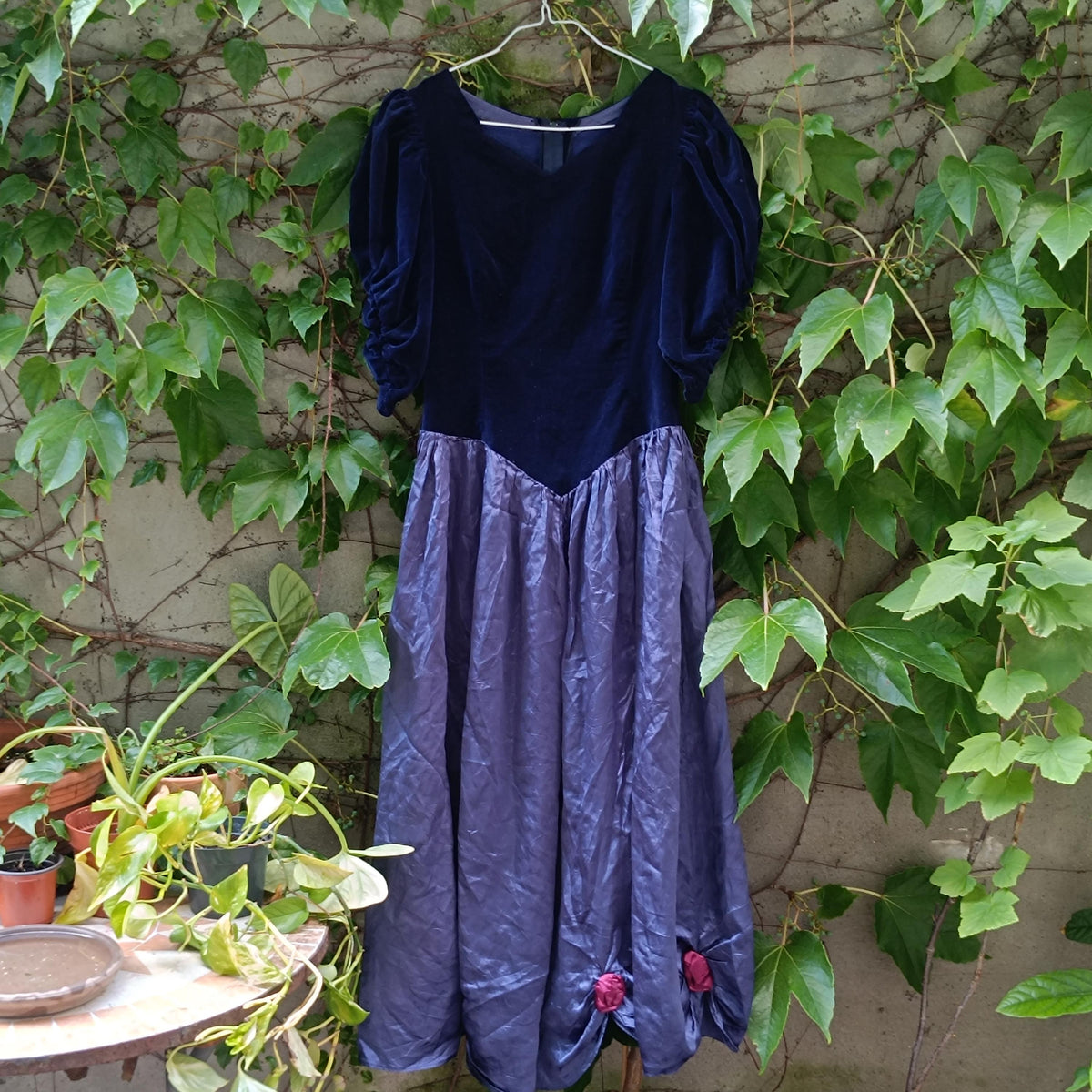 Velvet Maxi Dress 80s Vintage Blue - Puff Sleeve Prom Evening Gown XS
