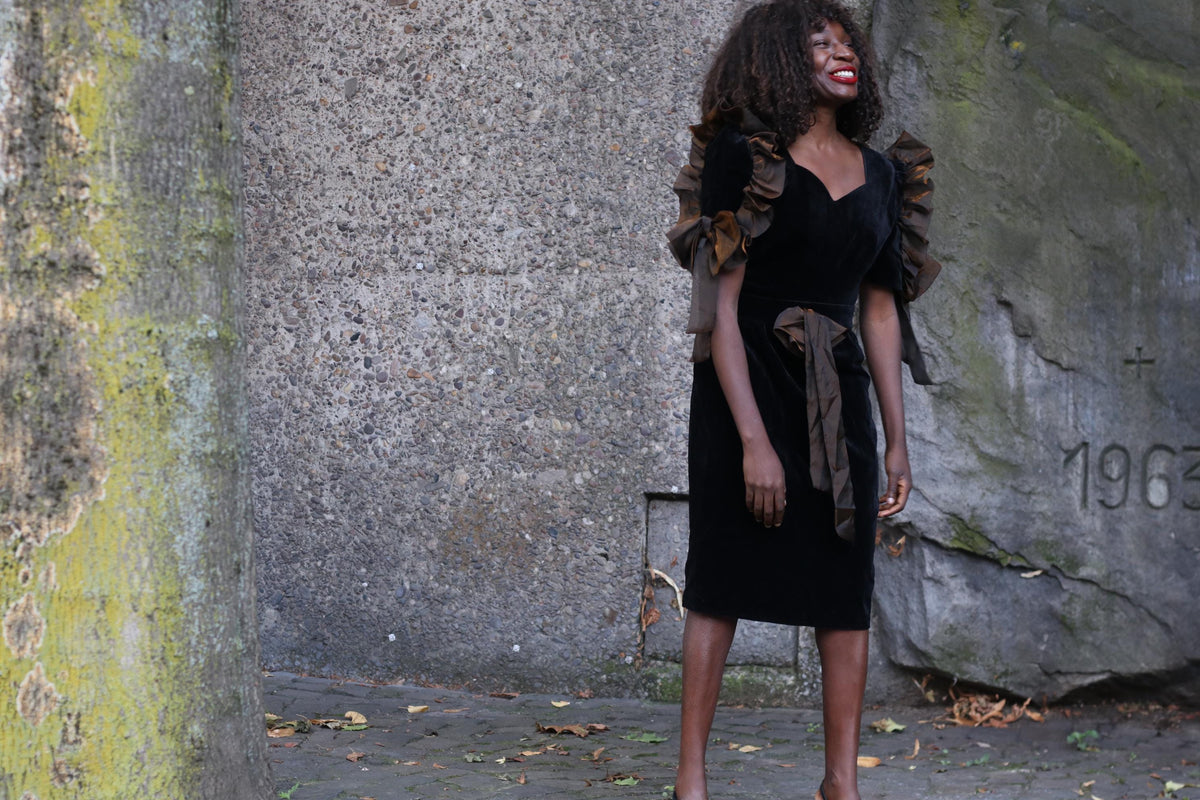 Vintage 80s Black Velvet Midi Dress - Ruffled Taffeta Trim Size XS S