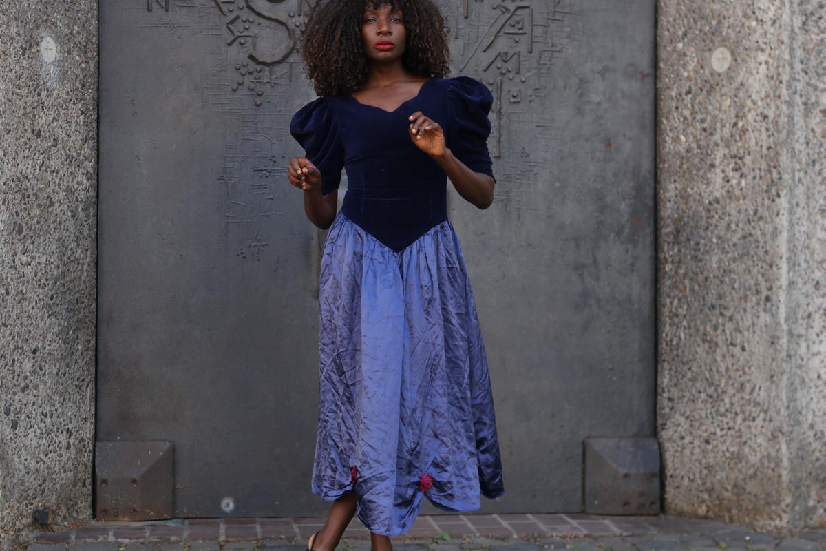 Velvet Maxi Dress 80s Vintage Blue - Puff Sleeve Prom Evening Gown XS