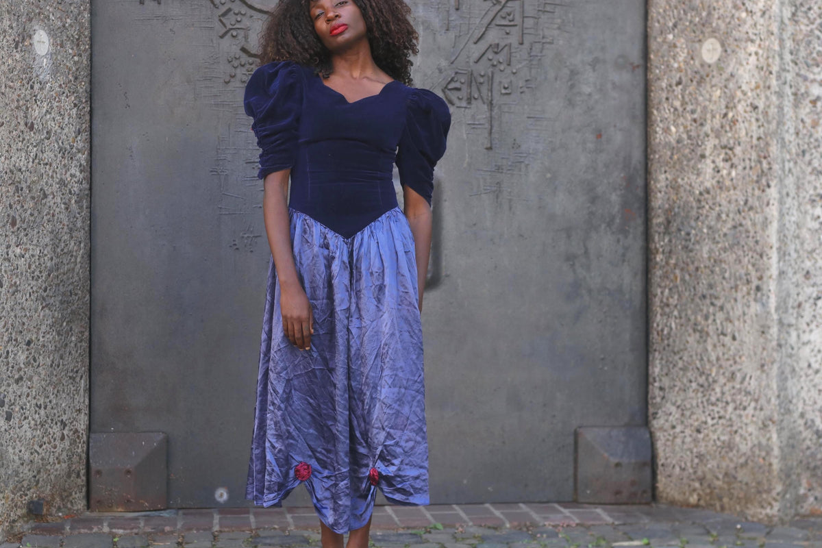 Velvet Maxi Dress 80s Vintage Blue - Puff Sleeve Prom Evening Gown XS