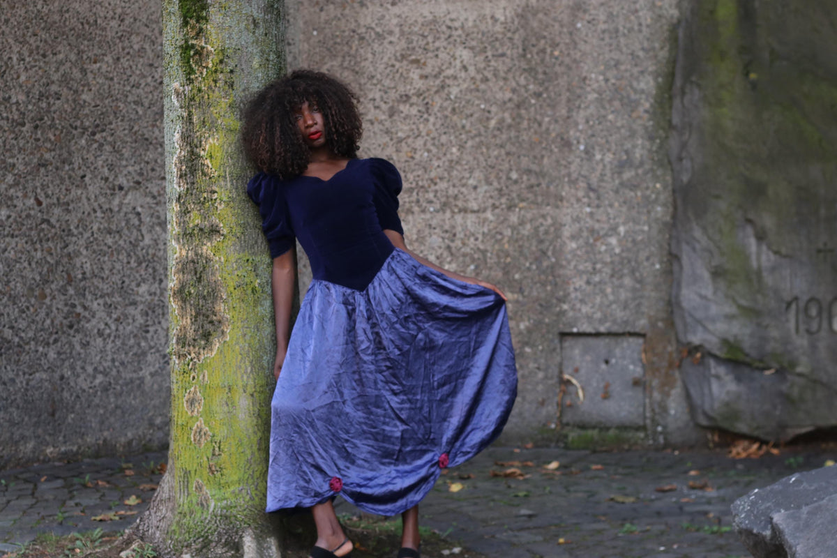 Velvet Maxi Dress 80s Vintage Blue - Puff Sleeve Prom Evening Gown XS