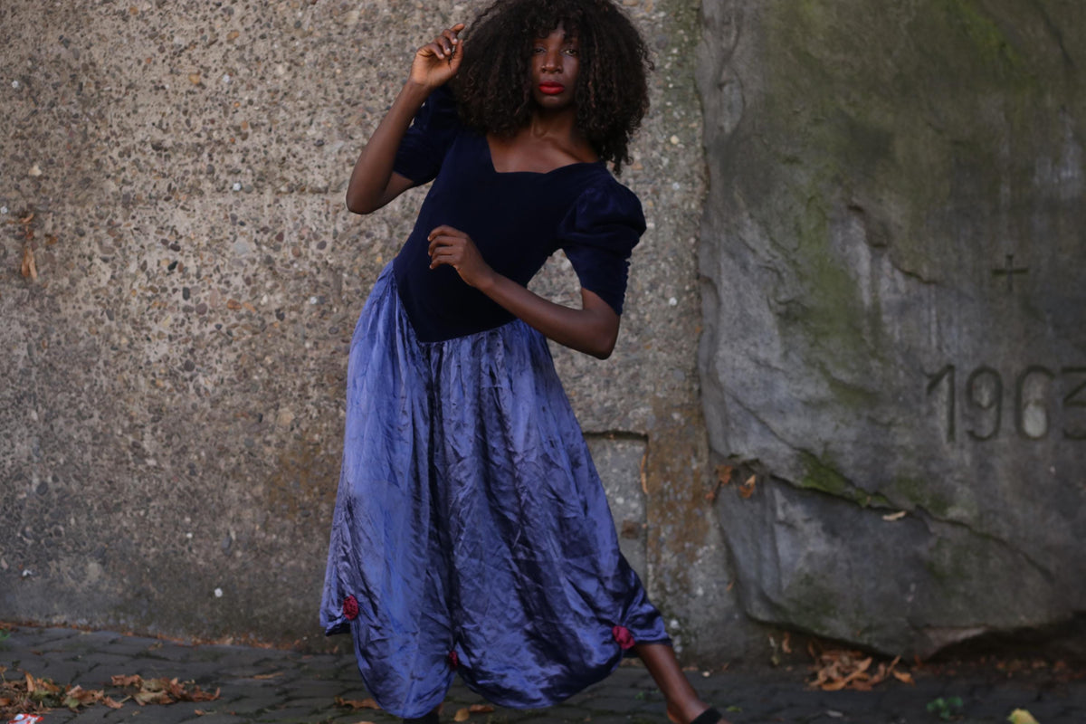 Velvet Maxi Dress 80s Vintage Blue - Puff Sleeve Prom Evening Gown XS