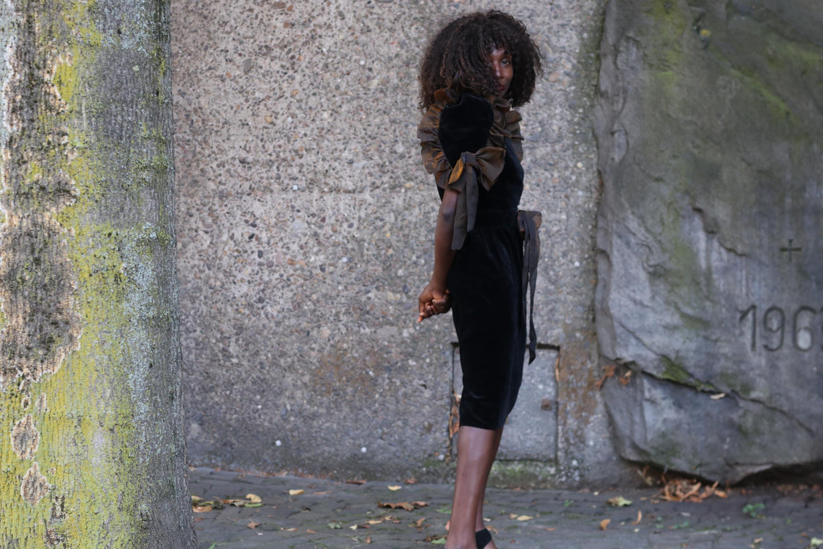 Vintage 80s Black Velvet Midi Dress - Ruffled Taffeta Trim Size XS S