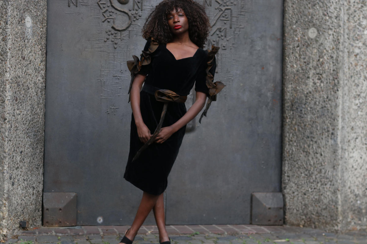 Vintage 80s Black Velvet Midi Dress - Ruffled Taffeta Trim Size XS S