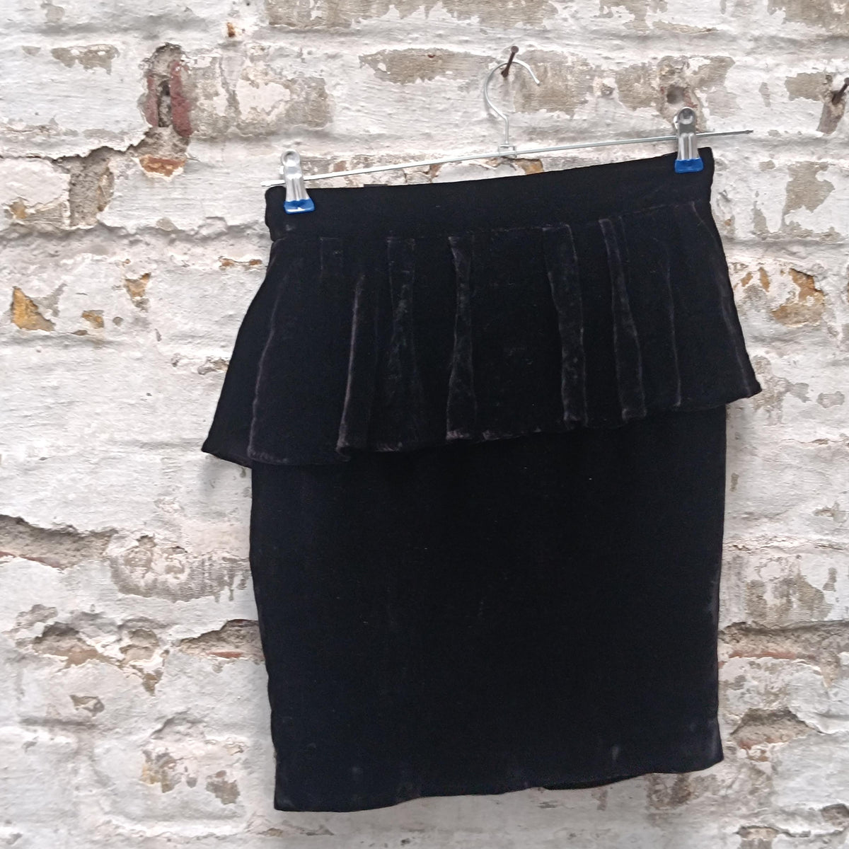 Vintage 80s Silk Velvet Peplum Mini Skirt| Black Opulent Party INC Design|  XS