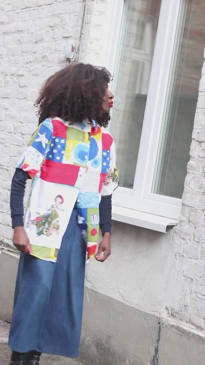 Vintage 90s Art Shirt| Unisex Abstract Patchwork Print Short Sleeve Viscose Blouse Size M