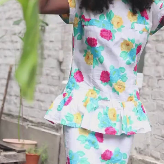 Handmade 80s Floral Peplum Dress, Bright Rose Print, Vintage Summer Party Dress, Cottagecore Garden Tea Dress