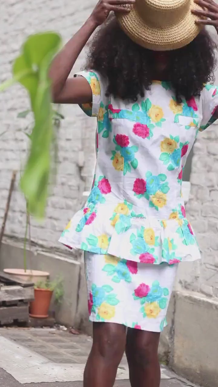 Handmade 80s Floral Peplum Dress, Bright Rose Print, Vintage Summer Party Dress, Cottagecore Garden Tea Dress