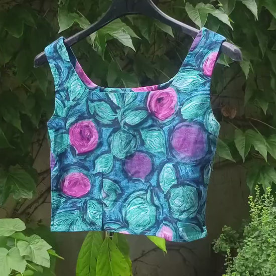 80s Floral Cropped Top: Handmade Vintage Sleeveless Blouse