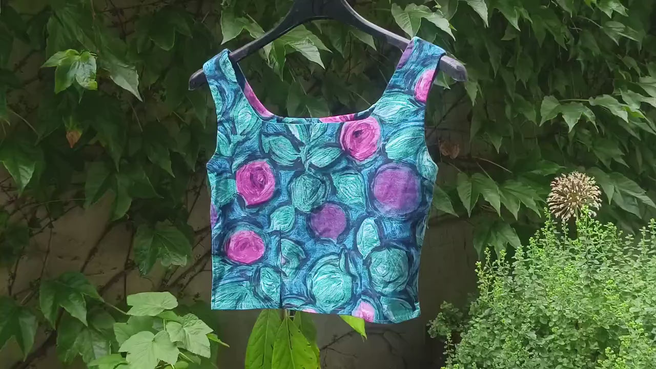 80s Floral Cropped Top: Handmade Vintage Sleeveless Blouse