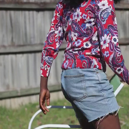 Vintage Pure Merino Wool Paisley Floral Sweater Red Blue Patterned V-Neck Knit Pullover