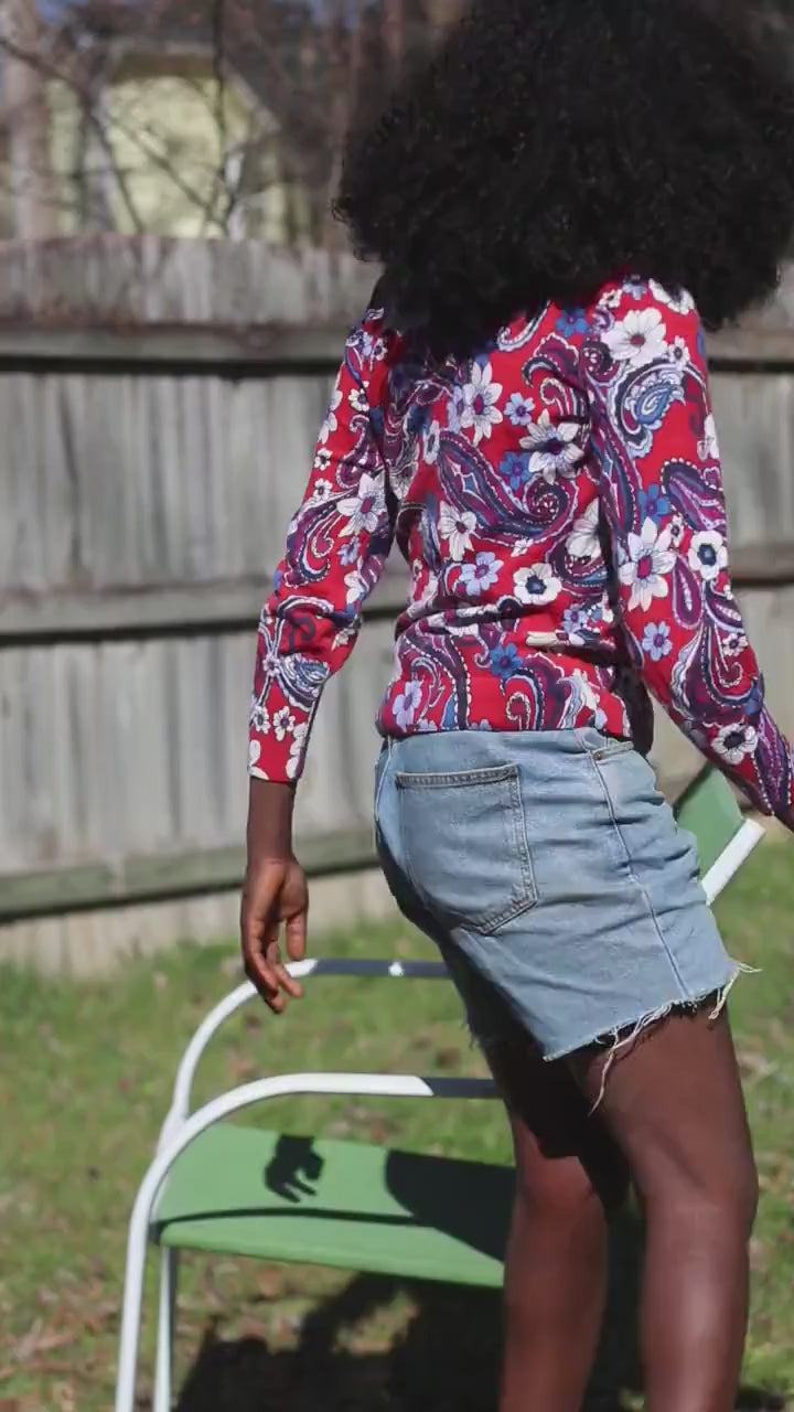 Vintage Pure Merino Wool Paisley Floral Sweater Red Blue Patterned V-Neck Knit Pullover