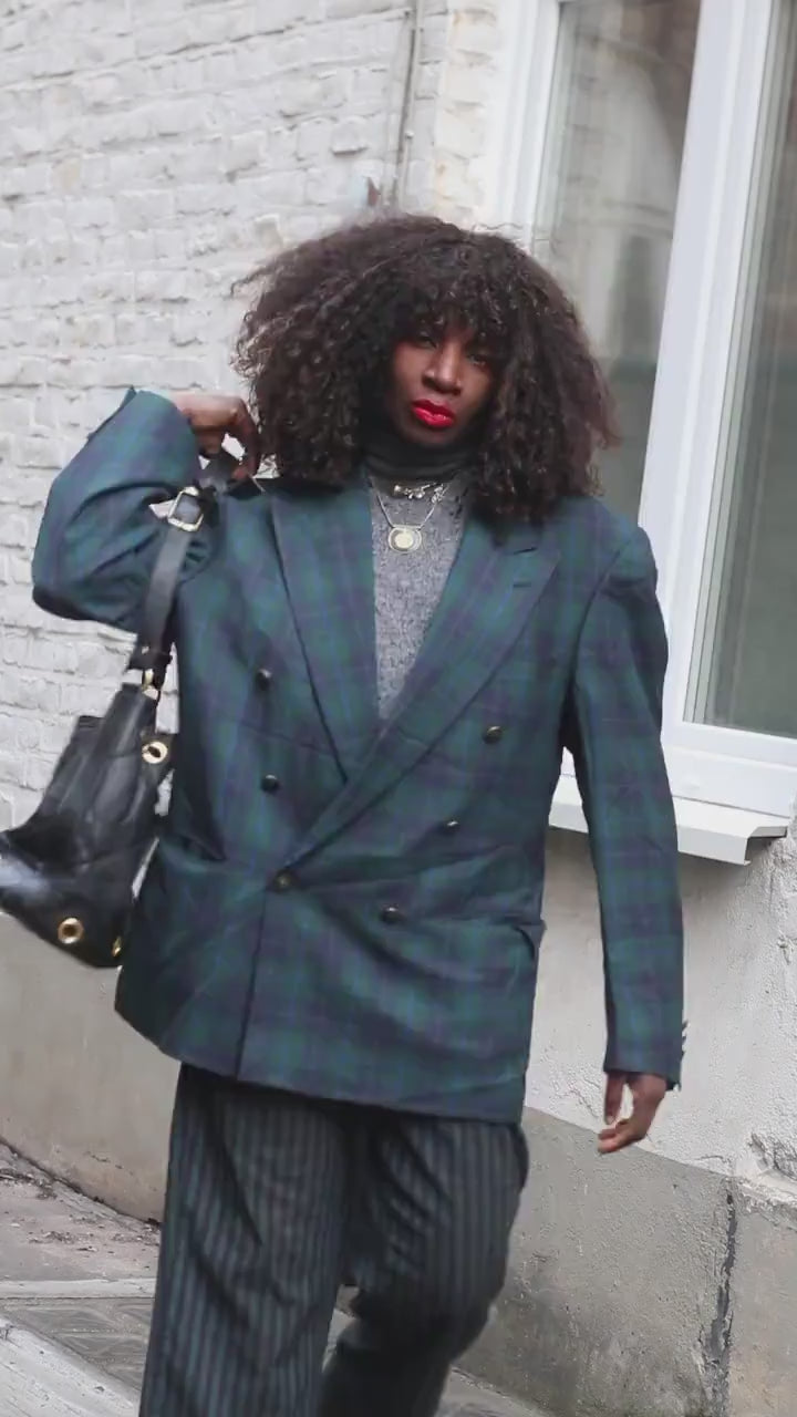 Vintage Odyssee Plaid Blazer| 90s Wool Double Breasted Green Blue Tartan Oversized Jacket