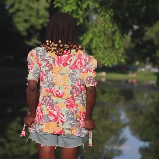 Vintage 90s Floral Blouse by H&M | Retro Button-Up with Puff Sleeves | Colorful 90s Floral Print | Classic Short Sleeve Top
