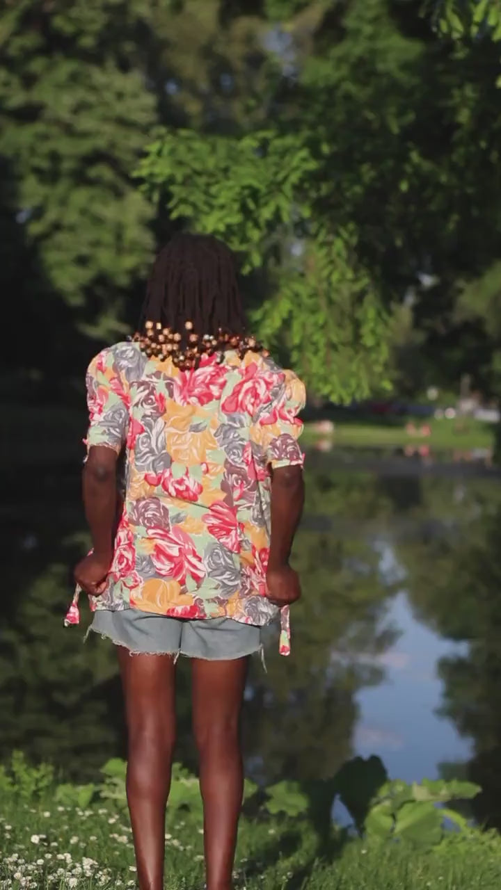 Vintage 90s Floral Blouse by H&M | Retro Button-Up with Puff Sleeves | Colorful 90s Floral Print | Classic Short Sleeve Top