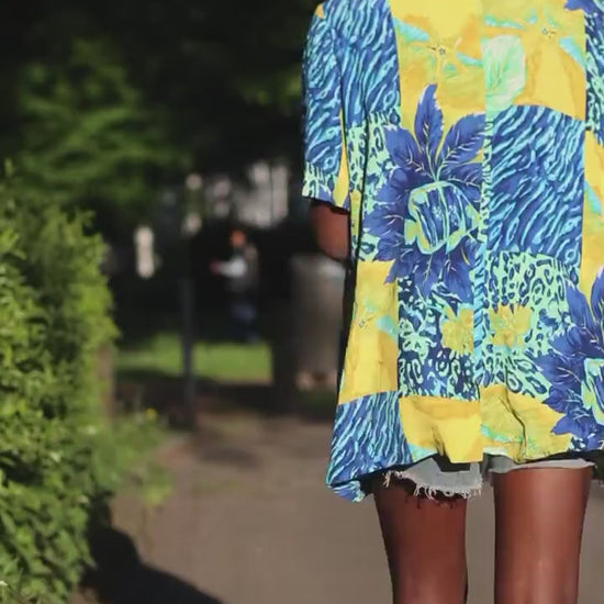 Vintage Christine Laure Paris Blouse| Bold Tropical Print, Bright Blue and Yellow, Short Sleeve Button-Up, 90s Resortwear, M/L