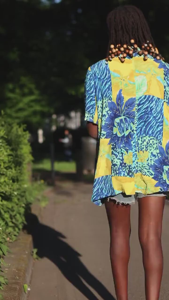 Vintage Christine Laure Paris Blouse| Bold Tropical Print, Bright Blue and Yellow, Short Sleeve Button-Up, 90s Resortwear, M/L