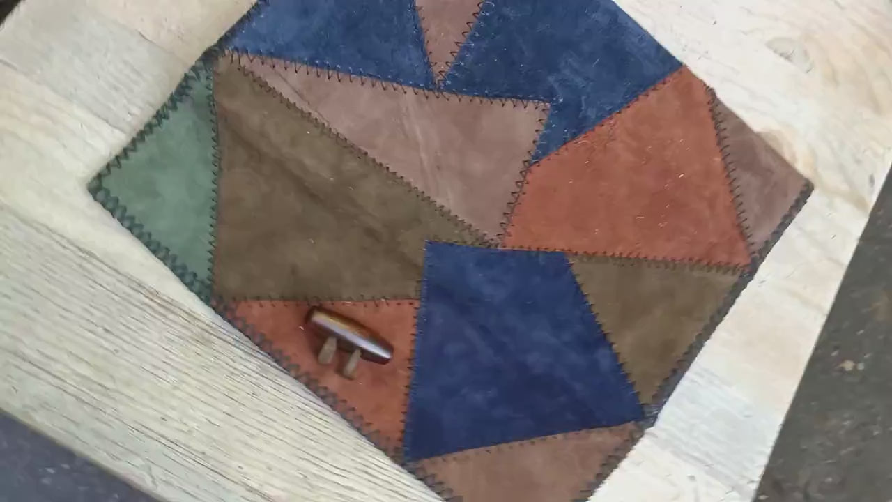 70s Vintage Suede Patchwork Clutch: Handmade Boho Mini Bag