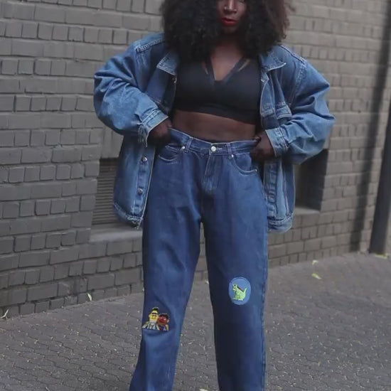 Upcycled Y2K Vintage Jeans: Dark Blue Denim with Patches