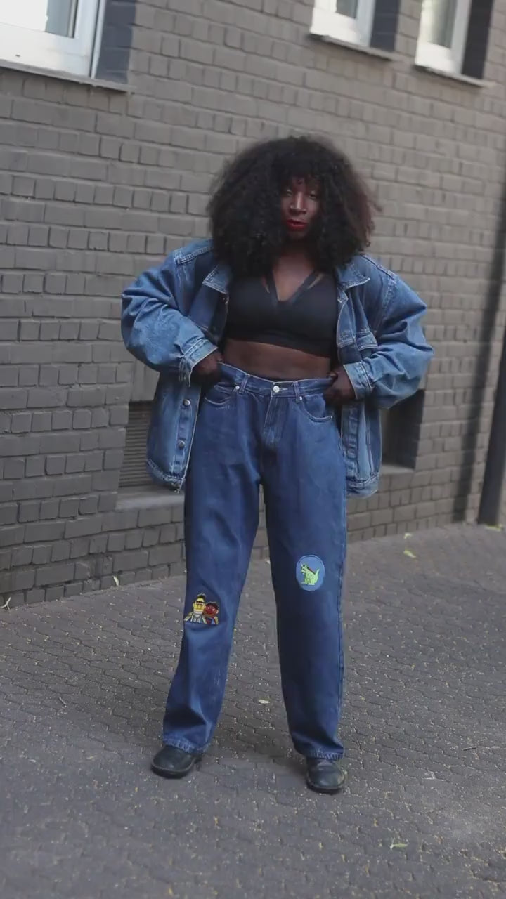 Upcycled Y2K Vintage Jeans: Dark Blue Denim with Patches