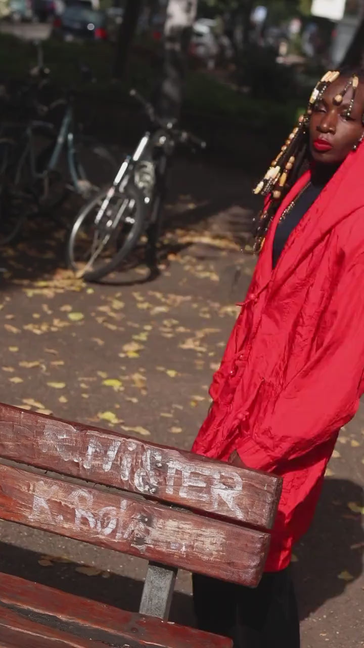 Vintage 90s Red Oversized Hooded Windbreaker Parka Jacket S-M