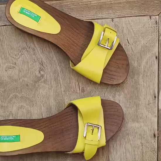 Y2K Benetton Leather Clogs: Vintage Yellow Platform Sandals EU38