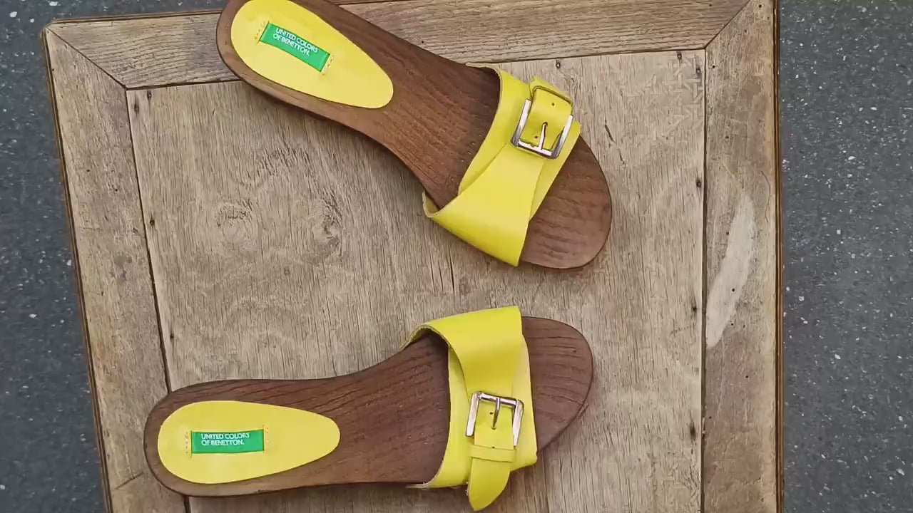 Y2K Benetton Leather Clogs: Vintage Yellow Platform Sandals EU38