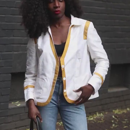 90s Silk Blazer– Vintage lightweight Jacket–Minimalist White and Gold Eveningwear Shirt |