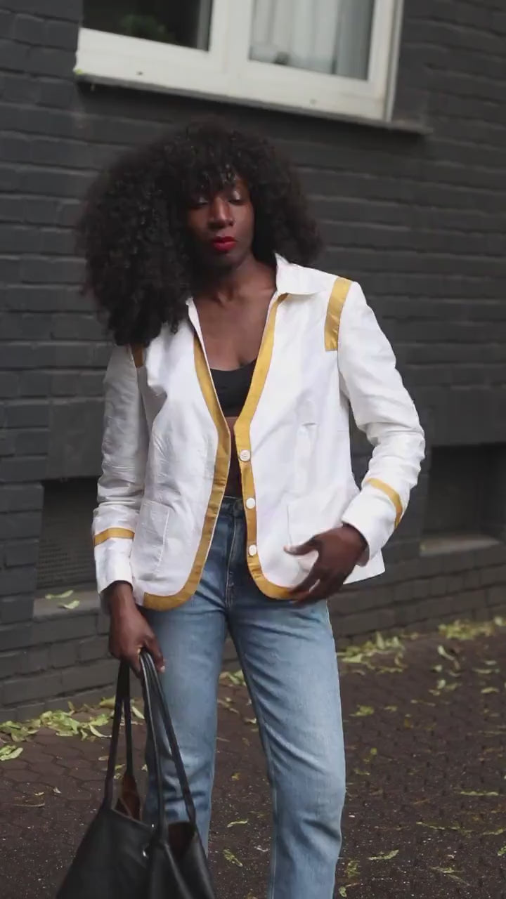 90s Silk Blazer– Vintage lightweight Jacket–Minimalist White and Gold Eveningwear Shirt |