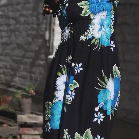 Vintage Ruched Rayon Maxi Dress| 90s Hibiscus Floral Blue Black Smocked Sun Dress