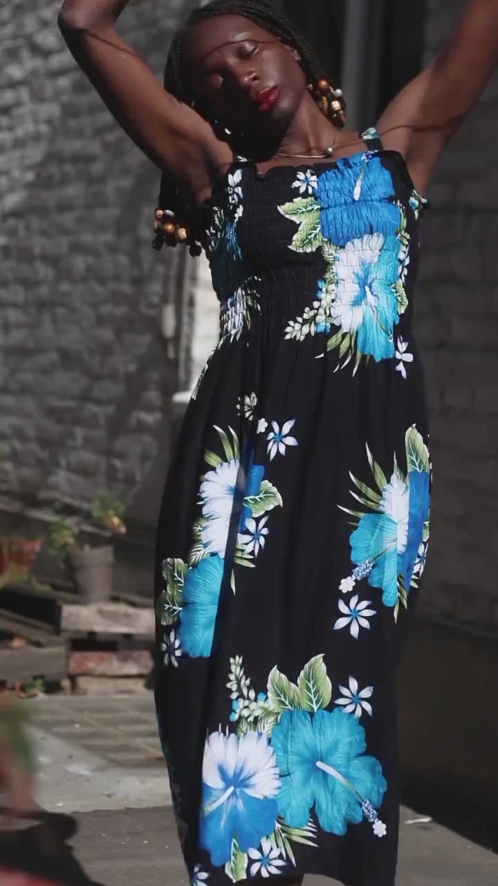 Vintage Ruched Rayon Maxi Dress| 90s Hibiscus Floral Blue Black Smocked Sun Dress