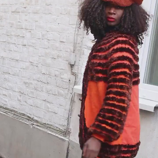 Vintage Orange Brown Striped Cardigan| Faux Fur Texture Chunky Knit Sweater Coat